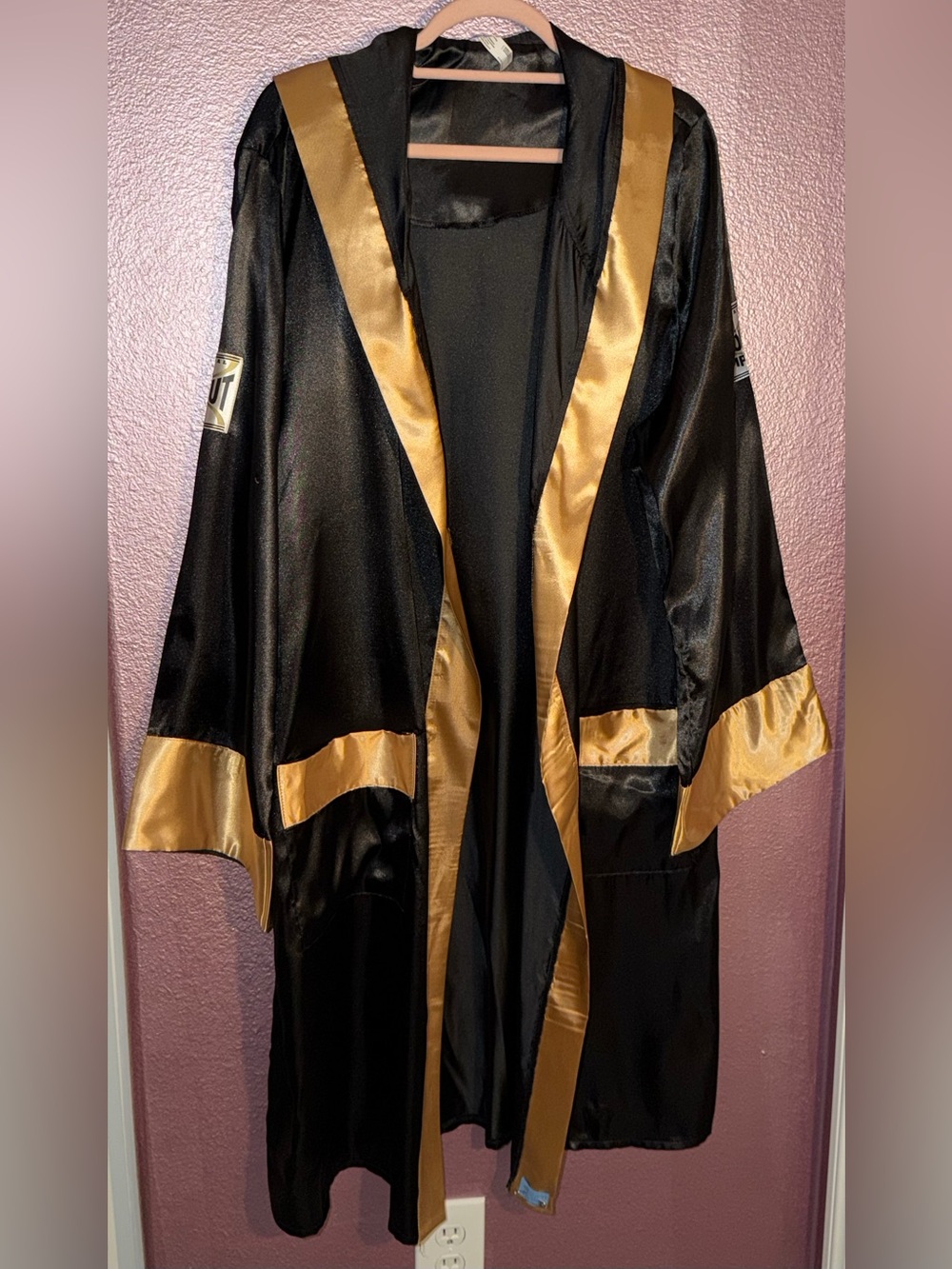 Satin Hooded Robe in Black and Gold